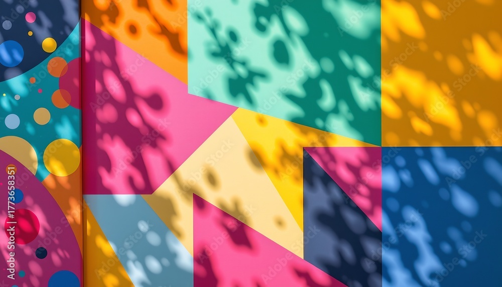 An abstract mural with vibrant colors, composed of geometric shapes and patterns that give it a modern, urban feel. The mural is set against a backdrop that allows the colors to stand out