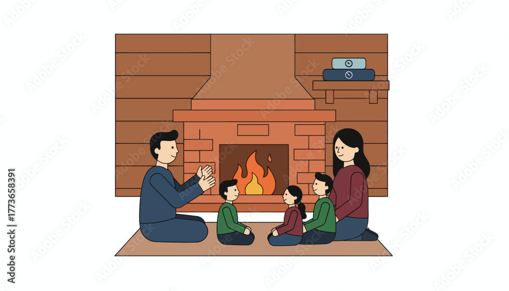 Obraz premium A rustic cabin with a family gathered around a fireplace storytelling with no screens in sight with devices turned off on a shelf.