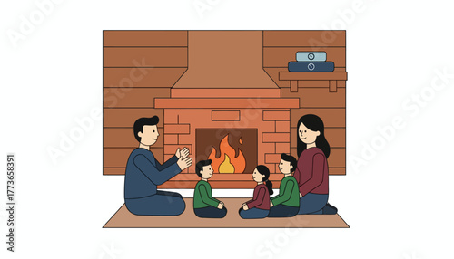 A rustic cabin with a family gathered around a fireplace storytelling with no screens in sight with devices turned off on a shelf.