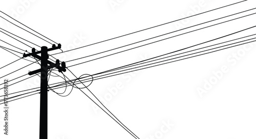 Utility pole silhouette with power lines, electrical distribution structure, urban infrastructure energy network, high voltage wires, electricity transmission system, industrial grid