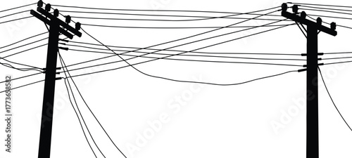 Silhouette utility poles, blue power lines, urban electricity network, communication cables, infrastructure complexity, city energy grid, industrial wires, suburban skyline,