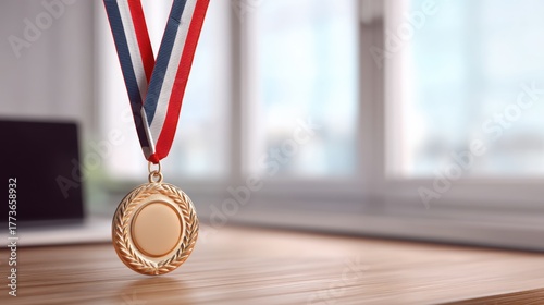 short term goal Award medal hanging on a ribbon, displayed on a wooden surface with a blurred background.