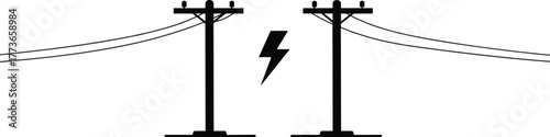 Electricity transmission power lines, utility poles with cables, high voltage energy distribution, electrical infrastructure, lightning bolt symbol, grid connection, renewable energy