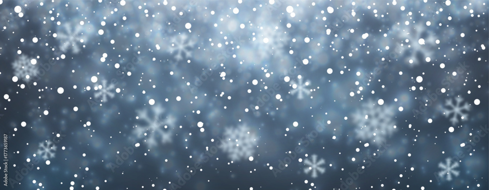 Obraz premium Winter Snowfall Background With Soft Blurred Snowflakes And Gentle Falling Snow On Blue Sky. Perfect For Holiday, Christmas, And New Year Design. Vector Illustration