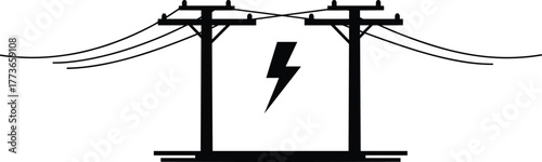 Electricity power transmission poles, utility line infrastructure, high voltage energy distribution, lightning bolt symbol, electrical safety concept, industrial power grid