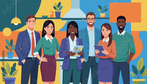 Confident diverse business team collaborating in a modern office setting representing success and future planning