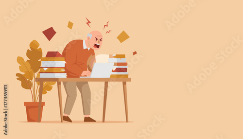 Stressed senior man screams at his laptop over work overload and digital frustration