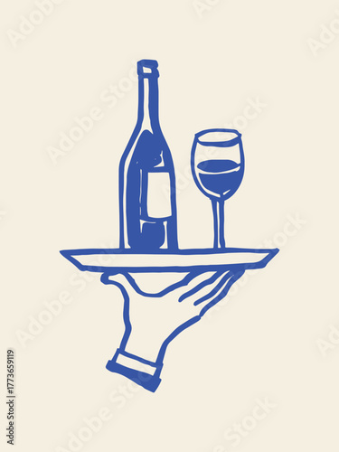 Wine bottle and glass on serving tray naive sketch vector illustration