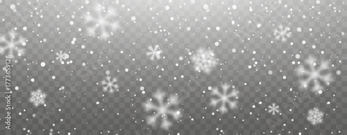Falling Snow On Transparent Background With Soft Blurred Snowflakes And Light Effect. Winter Christmas Snowfall Overlay For Holiday Design And Decoration. Vector Illustration
