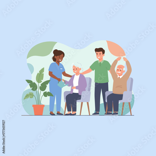 Professional care workers assist elderly couple with daily activities and light exercise