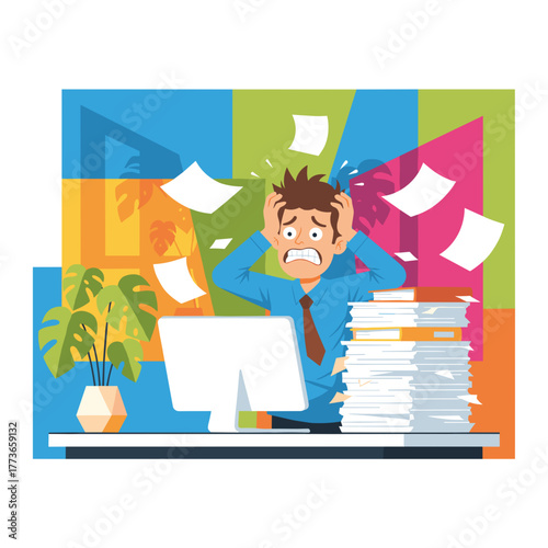 Stressed businessman overwhelmed by paperwork and heavy workload at the office desk