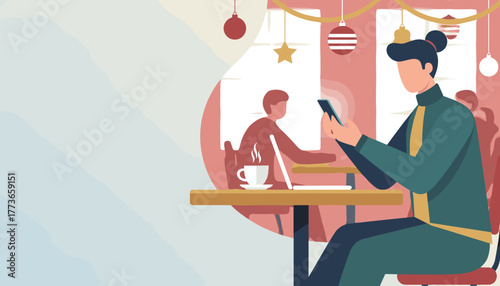 Remote worker uses smartphone at a decorated cafe during the holidays enjoying coffee break
