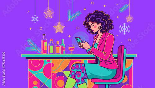 Woman uses phone at a festive neon bar Holiday party networking
