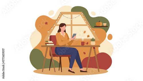 Woman using phone at desk in a cozy fall home office Autumn workspace and remote lifestyle