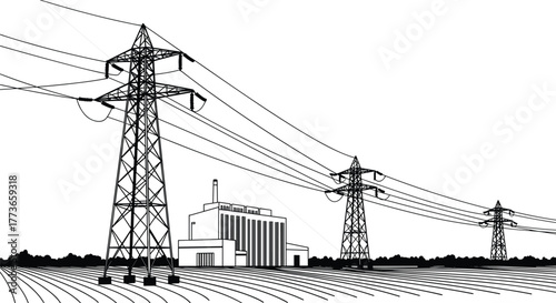 Power plant facility with smokestack, high voltage transmission towers, electricity distribution grid, industrial energy infrastructure, renewable transition concept, rural landscape