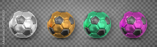 Metallic Soccer Ball Set In Silver, Gold, Green, And Purple Colors On Transparent Background. Glossy Shiny Realistic Style For Sport Design And Trophy Concept. Vector Illustration