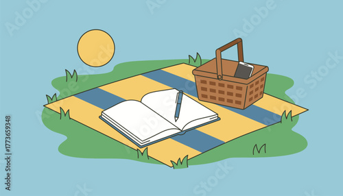 An open notebook and a pen resting on a picnic blanket in a sunlit field while a smartphone lies unused in a picnic basket nearby.