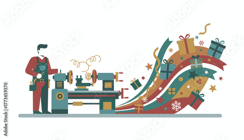 Factory worker producing a stream of holiday gifts and festive elements on a machine