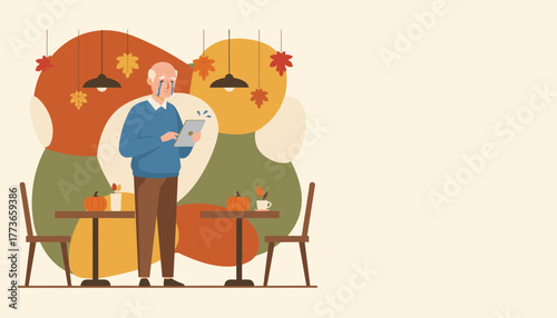 Lonely senior man crying while using a tablet in a cafe decorated for autumn Sadness and technology