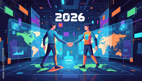 Business cooperation in 2026 Futuristic global deal with data screens and handshake