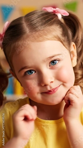 Young girl with pigtails and bright eyes smiling joyfully in daylight