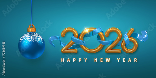 New Year 2026 Golden Numbers With Blue Ribbon And Holiday Ornament On Elegant Blue Background, Perfect For Festive Greeting Cards And Seasonal Designs. Vector Illustration