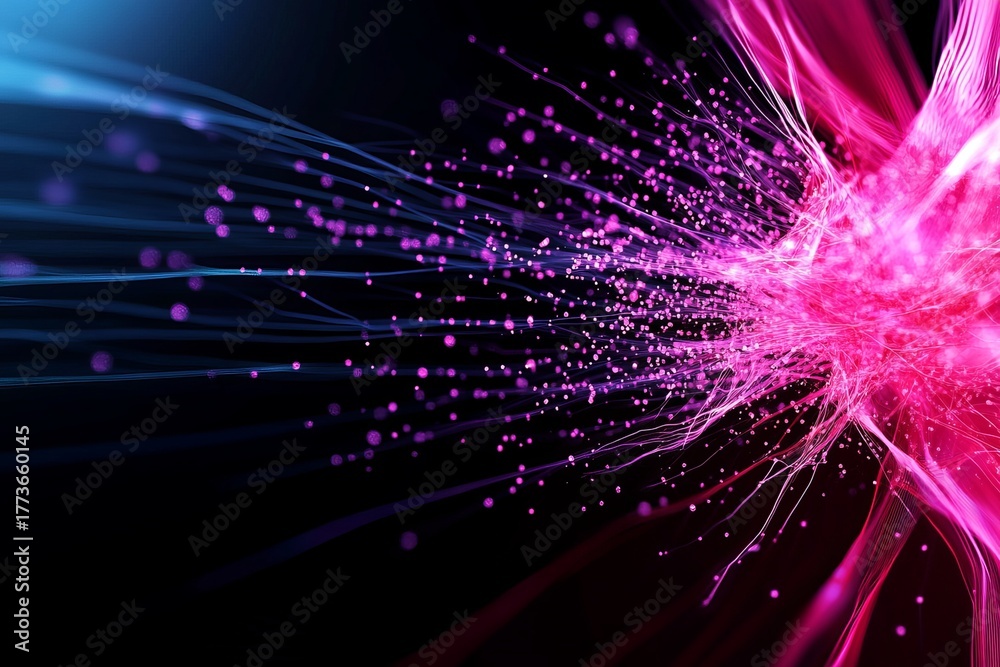 Naklejka premium Abstract glowing particles emanate vibrant colors against a dark background, resembling data streams and energy flow.