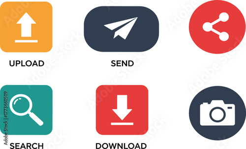 Digital action icon set, colorful buttons with upload, send, share, search, download, and photo symbols for app UI templates