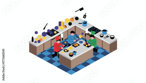 An isometric kitchen bustling with chefs preparing meals colorful ingredients and kitchen tools in playful harmony.