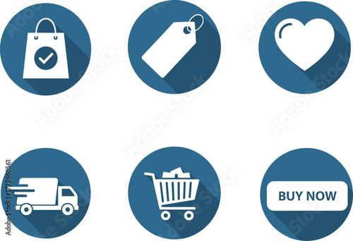 E-commerce icon set, blue circular shopping buttons with long shadows, vector design for online store UI and app templates