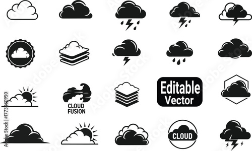 Monochrome Cloud Icon Set for Weather and Data Concepts .