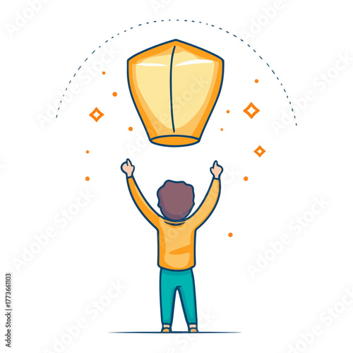a person releasing a sky lantern, asia, festival, lantern festival, transparent background, vector.