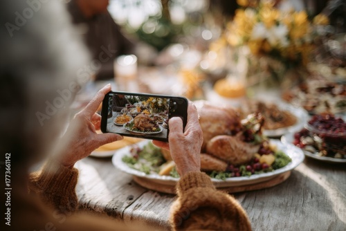 Senior taking a photo of festive Thanksgiving dinner on smartphone