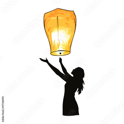 a person releasing a sky lantern, asia, festival, lantern festival, transparent background, vector.