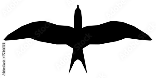 A soaring seagle in black silhouette spreads its wings mid-flight against a clean white background.