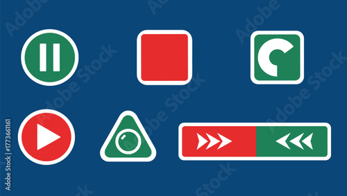 Media control icon set, colorful shaped buttons with playback and system symbols, vector design for UI and device templates