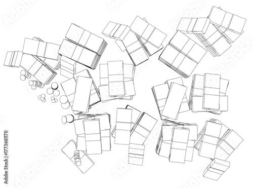 A black and white contour drawing of a neat pile of money boxes with curved edges and a 3D effect on a white background.