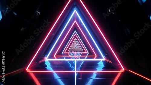 Dynamic camera moves through futuristic neon triangle tunnel with blue and red glowing reflections creating hypnotic sci-fi motion and symmetrical perspective