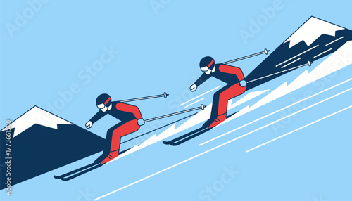 Two skiers race down a steep slope their ski poles digging into the fresh powder as they lean into sharp turns.