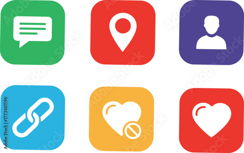 Social interaction icon set, colorful square buttons with communication and emotion symbols, vector design for app UI and web templates