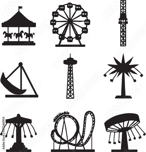 bundle of carnival ride silhouettes in bold black fill on a clean white background.
