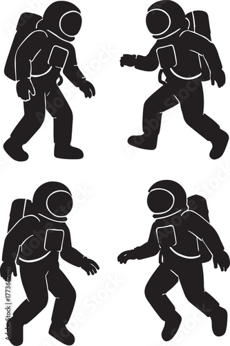 collection of four astronaut silhouettes in neutral spacewalking poses.