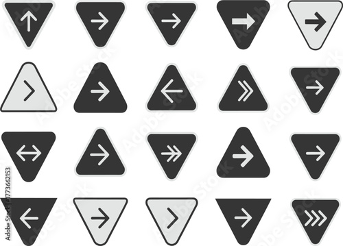 Triangular arrow icon set, grayscale directional symbols, vector design for UI, navigation, and cognitive interface templates