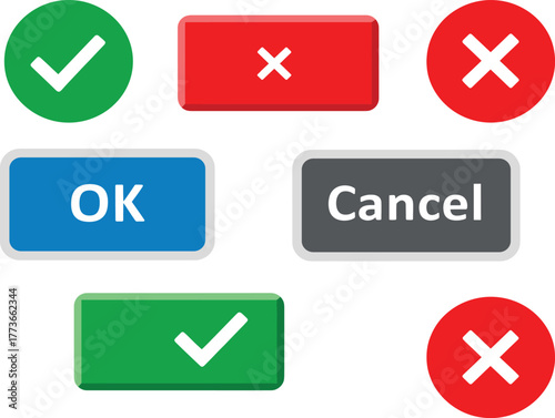 UI button icon set, colorful confirmation and cancel symbols, vector design for app interface and digital interaction templates