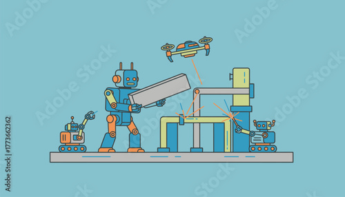 A futuristic construction site where robots are building a structure together showcasing automation in the construction industry.