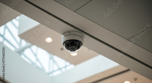 Dome security camera mounted on ceiling; skylight backdrop, shallow depth