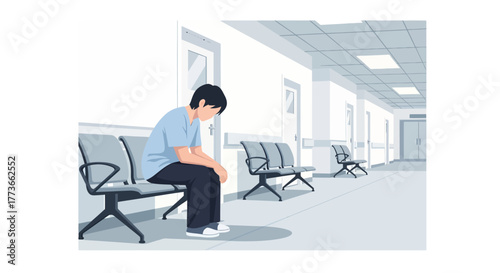 Heartbreaking scene of a man anxiously awaiting news in a hospital waiting room, capturing feelings of worry, uncertainty, and the weight of anticipation