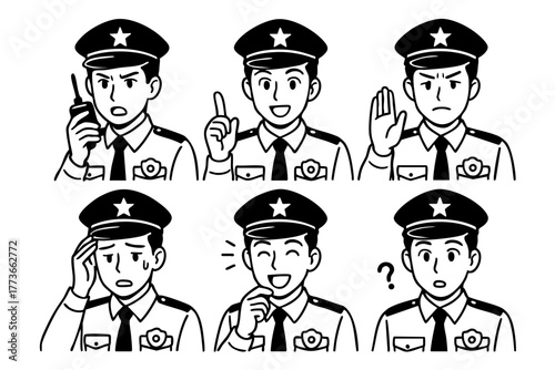 Police man character icon in japan doodle hand drawn style. Vector stock
