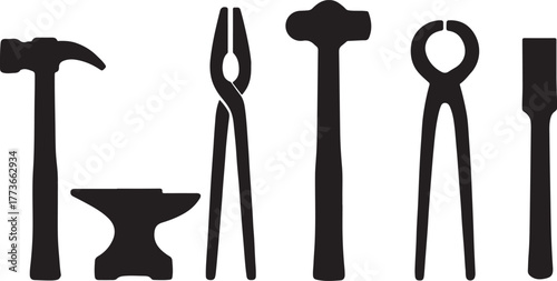set of six blacksmith tools in bold black silhouette style on a white background.