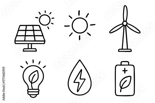 Renewable energy doodle icon set - Sustainable and eco-friendlypower solutions. Vector stock